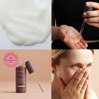 Grid with four scenes. White cream on the first one, woman experimenting a liquid product on a hand on the 2nd one, a woman hydrating her face on the 3rd and a brown bottle with a New Beauty 2025 Award Winner stamp on the last one, all clockwise from Bioelements products.