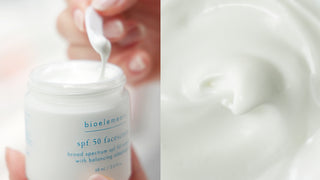 Bioelements sunscreen jar with a close-up of the cream being applied.